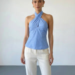 Blue Striped Halter Large Back Bow Tie Backless Top
