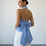 Blue Striped Halter Large Back Bow Tie Backless Top