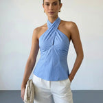 Blue Striped Halter Large Back Bow Tie Backless Top