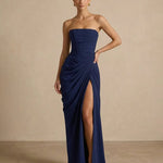 Elegant Corset Back Strapless Draped Side Slit Maxi Dress