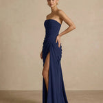 Elegant Corset Back Strapless Draped Side Slit Maxi Dress