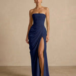 Elegant Corset Back Strapless Draped Side Slit Maxi Dress