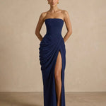 Elegant Corset Back Strapless Draped Side Slit Maxi Dress