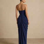 Elegant Corset Back Strapless Draped Side Slit Maxi Dress
