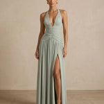 Elegant Pleated Halter Fit High Slit Maxi Dress