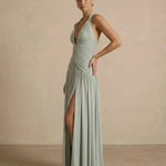 Elegant Pleated Halter Fit High Slit Maxi Dress