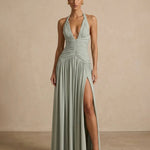 Elegant Pleated Halter Fit High Slit Maxi Dress