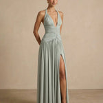 Elegant Pleated Halter Fit High Slit Maxi Dress