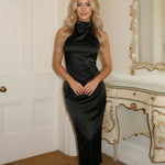 Black Satin Halter Neck Open Back Midi Dress