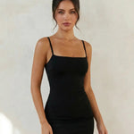 Black Square Neck Spaghetti Strap Backless Mini Dress