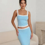 Blue Lace Trim Square Neck Crop Top Bodycon Midi Skirt Set