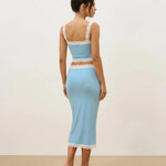 Blue Lace Trim Square Neck Crop Top Bodycon Midi Skirt Set