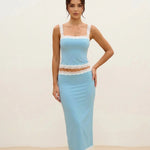 Blue Lace Trim Square Neck Crop Top Bodycon Midi Skirt Set