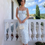 Blue Floral Print Sweetheart Neck Tie Straps Midi Dress