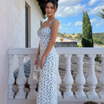 Blue Floral Print Sweetheart Neck Tie Straps Midi Dress