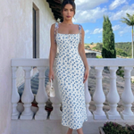 Blue Floral Print Sweetheart Neck Tie Straps Midi Dress