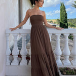 Brown Strapless Smocked Tiered Maxi Dress