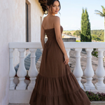 Brown Strapless Smocked Tiered Maxi Dress