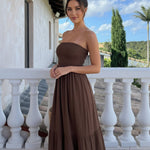 Brown Strapless Smocked Tiered Maxi Dress