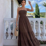 Brown Strapless Smocked Tiered Maxi Dress