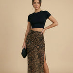 Leopard Print High Waist Ruched Side Split Maxi Skirt