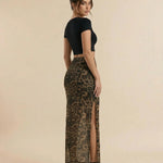 Leopard Print High Waist Ruched Side Split Maxi Skirt