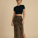 Leopard Print High Waist Ruched Side Split Maxi Skirt