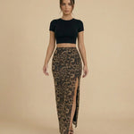 Leopard Print High Waist Ruched Side Split Maxi Skirt