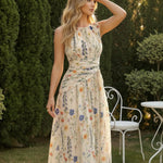 Wildflower Print Sleeveless Ruched Waist Maxi Dress
