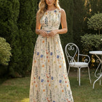 Wildflower Print Sleeveless Ruched Waist Maxi Dress