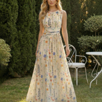 Wildflower Print Sleeveless Ruched Waist Maxi Dress