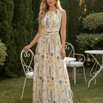 Wildflower Print Sleeveless Ruched Waist Maxi Dress
