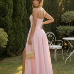 Pink Linen Blend Square Neck Side Slit Maxi Dress