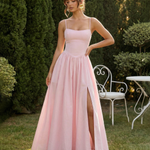Pink Linen Blend Square Neck Side Slit Maxi Dress