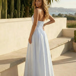 Stripe Halter Neck Deep V Cutout Smocked Back Maxi Dress