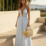 Stripe Halter Neck Deep V Cutout Smocked Back Maxi Dress