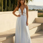 Stripe Halter Neck Deep V Cutout Smocked Back Maxi Dress