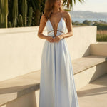 Stripe Halter Neck Deep V Cutout Smocked Back Maxi Dress