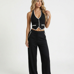 Contrast Trim Halter Backless Top Wide Leg Pants Set
