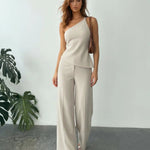 One Shoulder Linen Cami Top Wide Leg Linen Blend Trousers Set