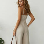 One Shoulder Linen Cami Top Wide Leg Linen Blend Trousers Set
