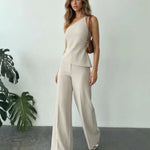 One Shoulder Linen Cami Top Wide Leg Linen Blend Trousers Set