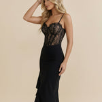 Black Lace Corset Asymmetrical Ruffle Hem Midi Dress