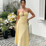Yellow Strapless Ruched Bust Cutout Detail Flare Midi Dress