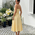 Yellow Strapless Ruched Bust Cutout Detail Flare Midi Dress