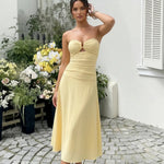 Yellow Strapless Ruched Bust Cutout Detail Flare Midi Dress