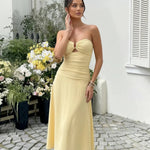 Yellow Strapless Ruched Bust Cutout Detail Flare Midi Dress