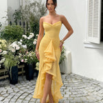 Butter Yellow Spaghetti Strap Ruffle Trim Ruched High Low Maxi Dress