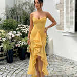 Butter Yellow Spaghetti Strap Ruffle Trim Ruched High Low Maxi Dress