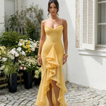 Butter Yellow Spaghetti Strap Ruffle Trim Ruched High Low Maxi Dress
